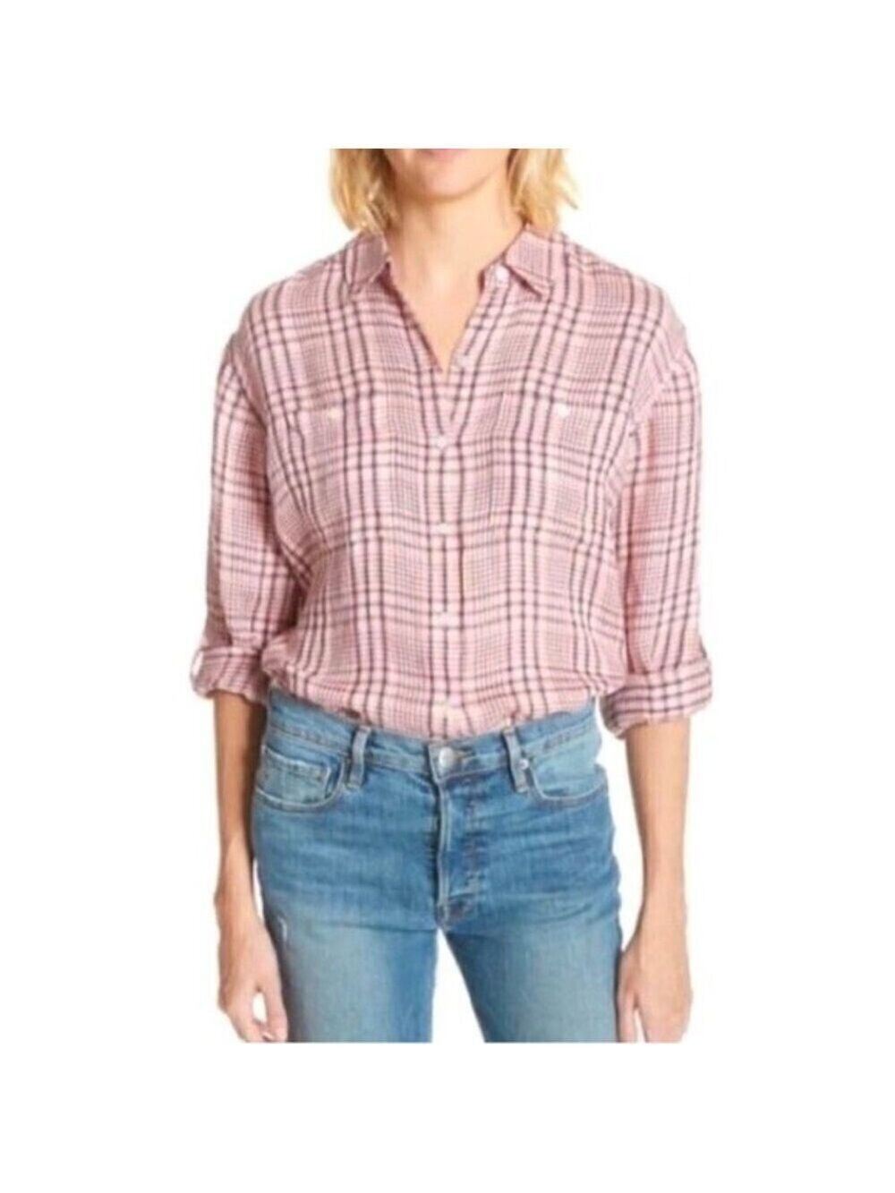 Joie Lidelle Button-up Top Plaid Linen Long Roll Sleeve Pocket Flannel Shirt L